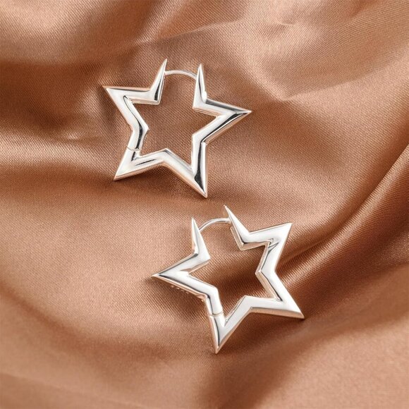 925 Sterling Silver Star Rhombus Hoop Earrings for Women Small Hypoallergenic - Picture 3 of 7